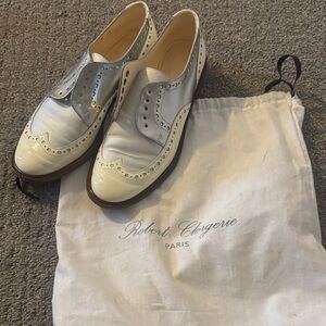 Robert Clergerie Two-Tone Patent Wingtip Oxfords in Cream & Silver